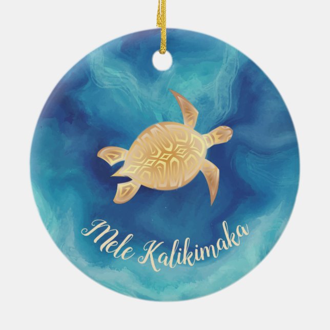 Guld Turtles Mele Kalikimaka Hawaiian Jul Julgransprydnad Keramik (Baksidan)