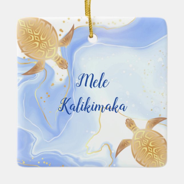 Guld Turtles Mele Kalikimaka Hawaiian Jul Julgransprydnad Keramik (Framsida)