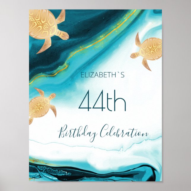 Guld Turtles Teal Bläck Anpassningsbar Födelsedags Poster (Framsidan)