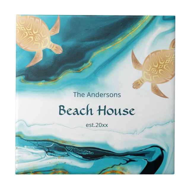 Guld Turtles Teal White Bläck-familjen Namn Kakelplatta (Framsidan)