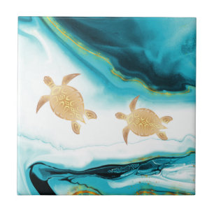 Guld Turtles Teal White Bläck Kakelplatta