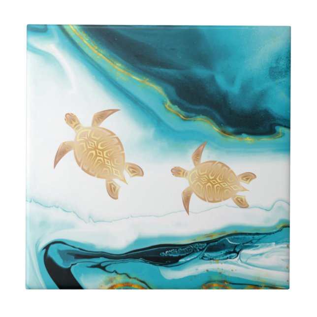 Guld Turtles Teal White Bläck Kakelplatta (Framsidan)