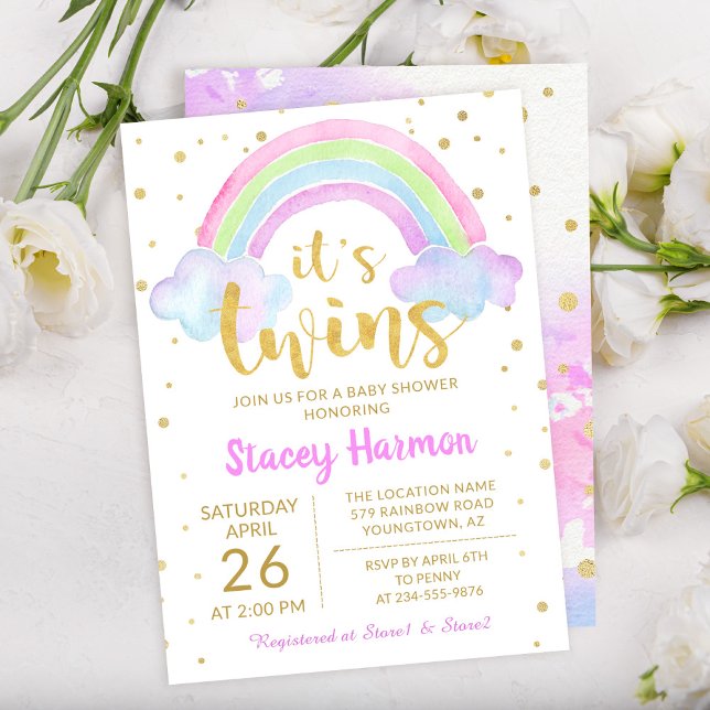 Guld Twillingar Pastel Watercolor Rainbow Baby Sho Inbjudningar (Skapare uppladdad)