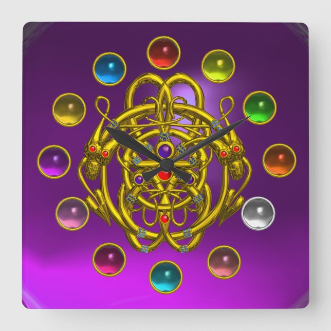 GULD TWIN-DRAGONER TRYCKTA FÄRGGEMSTONER FYRKANTIG KLOCKA (Framsida)