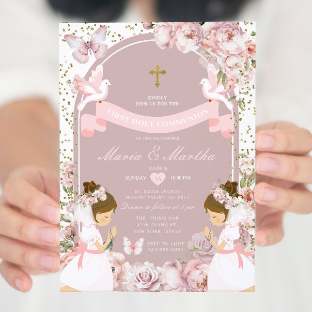 Guld TWIN Girl Praying First Heliga Communion Blom Inbjudningar (Skapare uppladdad)