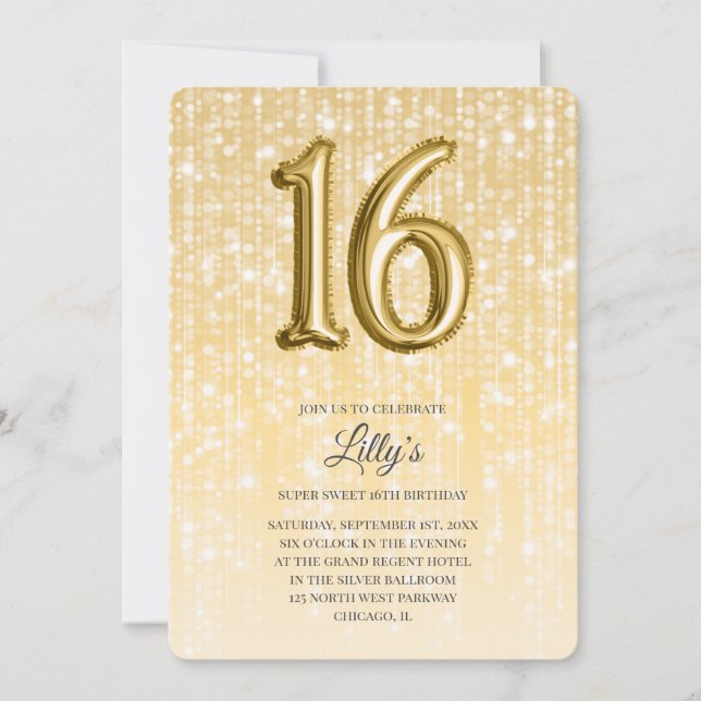 Guld Twinkle Ljus och Foil Balloon 16:e födelsedag Inbjudningar (Framsida)