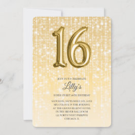 Guld Twinkle Ljus och Foil Balloon 16:e födelsedag Inbjudningar