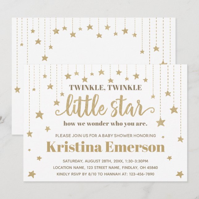 Guld Twinkle Twinkle Little Star Baby Shower Inbjudningar (Fram/baksida)