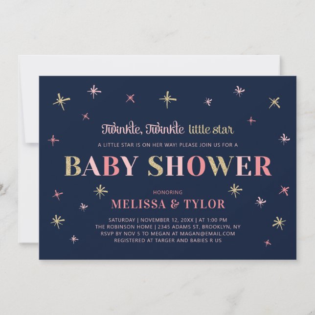 Guld Twinkle Twinkle Little Star Girl Shower Inbjudningar (Framsida)