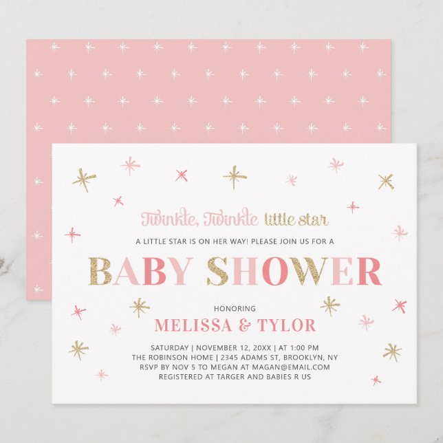 Guld Twinkle Twinkle Little Star Girl Shower Inbjudningar (Fram/baksida)