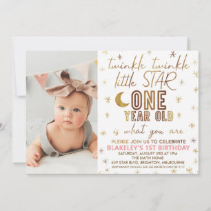 Guld Twinkle Twinkle Little Star Photo Birthday Inbjudningar