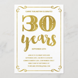 Guld Typografi 30års födelsedag Party Inbjudningar