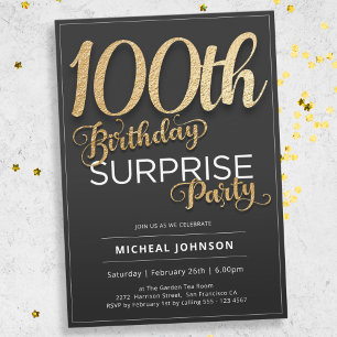 Guld Typografi Anpassningsbar Surprise 100 Birthda Inbjudningar