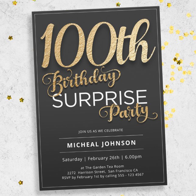 Guld Typografi Anpassningsbar Surprise 100 Birthda Inbjudningar (Mockup View)