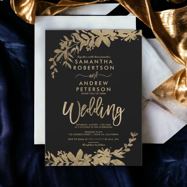 Guld typografi blad blomster svart chic bröllop inbjudningar (Gold typography leaf floral black chic wedding invitation)