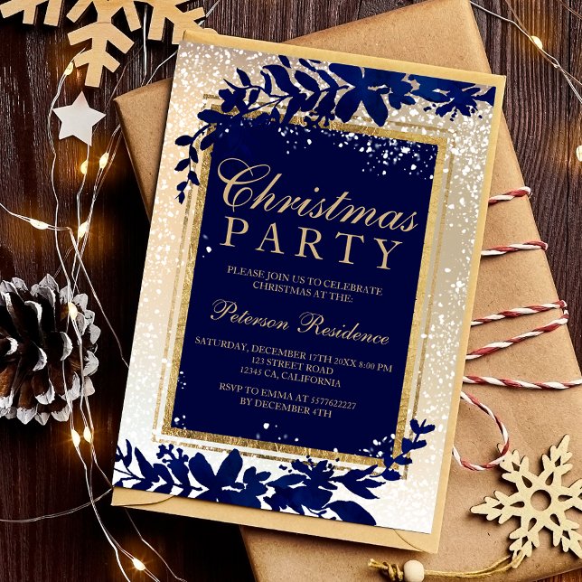 guld-typografi blått löv snö elegant jul inbjudningar (gold typography blue leaf snow elegant Christmas Invitation)
