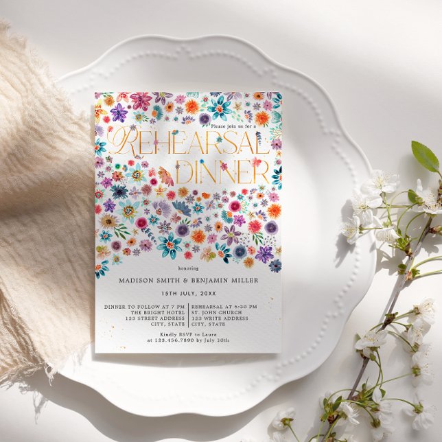 Guld Typografi Blommigt Bröllop Rehearsal Dinner Inbjudningar (Front)