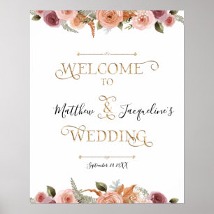 Guld Typografi Dusty  Blommigt Välkommen Bröllop Poster