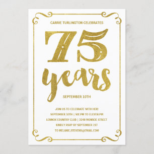 Guld Typografi Faux Foil 75:e Födelsedagsfest Inbjudningar