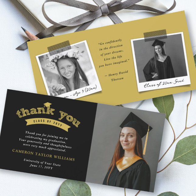 Guld Typografi Fet Skiss Examen Hatt Foto Tack Kort (Skapare uppladdad)