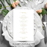 Guld-typografi för budget, enkel meny bröllop<br><div class="desc">Enkel, vit trendig minimalistisk anpassningsbar för kalligrafi-skript BUDGET-menykort för bröllop till ett rimligt pris. TOMMA DEN HÄR FÖRE KÖP! Det här är ett program med låg budgetkostnad och som är tryckt på en FLYER-papper (reklamtyp). Observera att BUDGETENS PAPPRA ÄR THIN - Du kan uppgradera om du vill att kortet ska...</div>