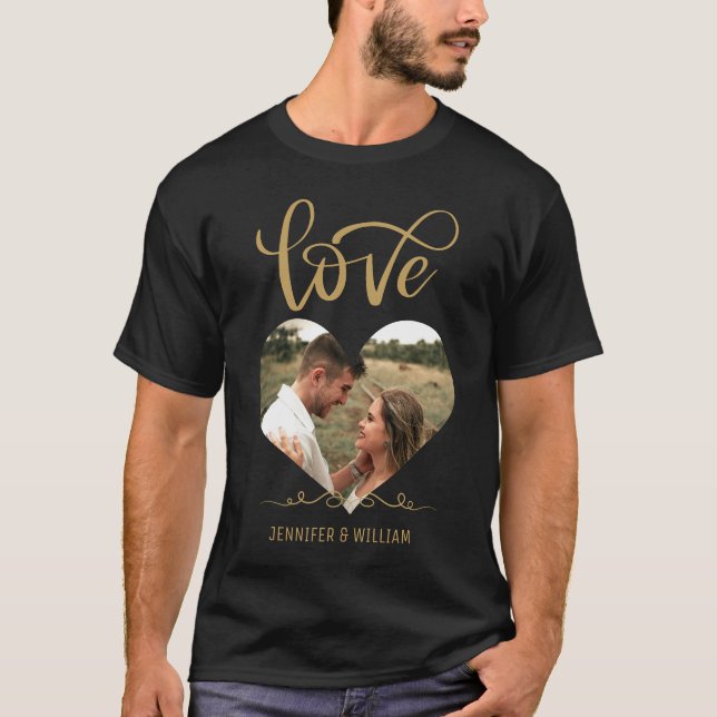 Guld Typografi Hjärtform Foto Black Valentine T Shirt (Framsida)