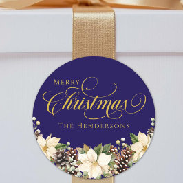 Guld Typografi Jul Poinsettia blue Runt Klistermärke