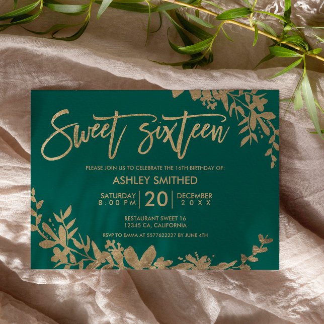 Guld typografi löv blommigt grönt söt 16 inbjudningar (Skapare uppladdad)