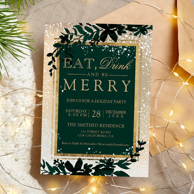 guld-typografi löv snö elegant äter jul inbjudningar (gold typography leaf snow elegant eat Christmas Invitation)