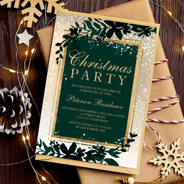 guld-typografi löv snö elegant grönt jul jul inbjudningar (gold typography leaf snow elegant green Christmas Invitation)