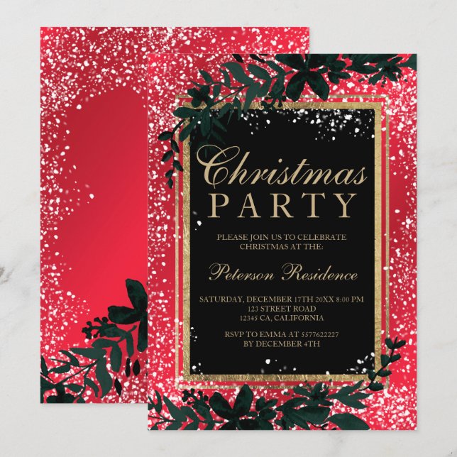 guld typografi löv snö elegant  röd jul inbjudningar (Fram/baksida)