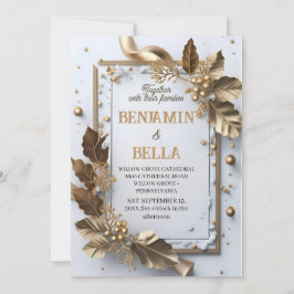 guld-typografi löv snö elegant vinterbröllop inbjudningar