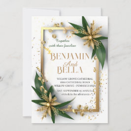 guld-typografi löv snö elegant vinterbröllop inbjudningar