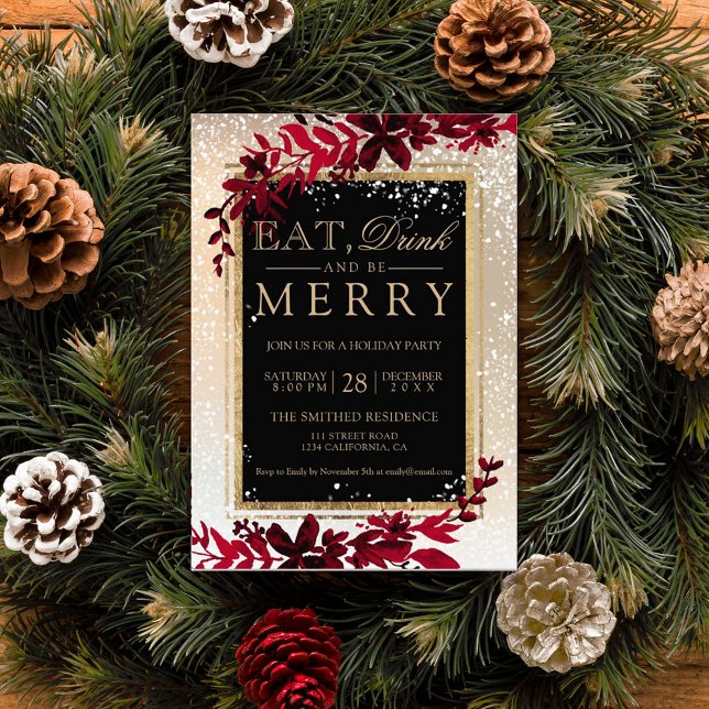 guld-typografi löv snö röd jul inbjudningar (Skapare uppladdad)