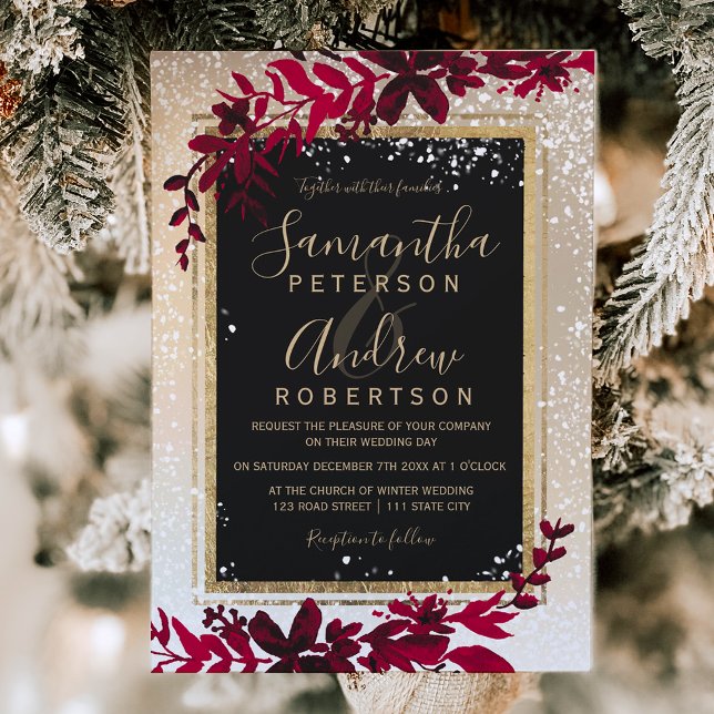 guld-typografi löv snö-rödvinter-bröllop inbjudningar (gold typography leaf snow red winter wedding invitation)