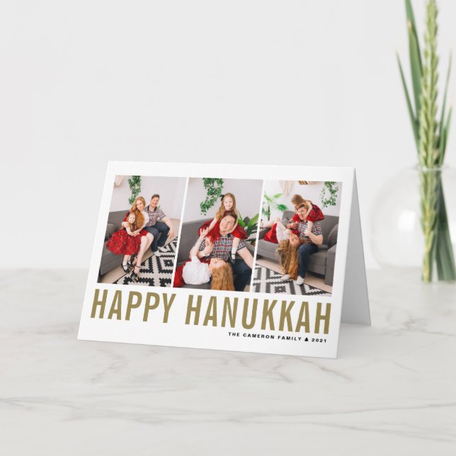 Guld Typografi Lycklig Hanukkah Photo Collage Helgkort (Framsida)