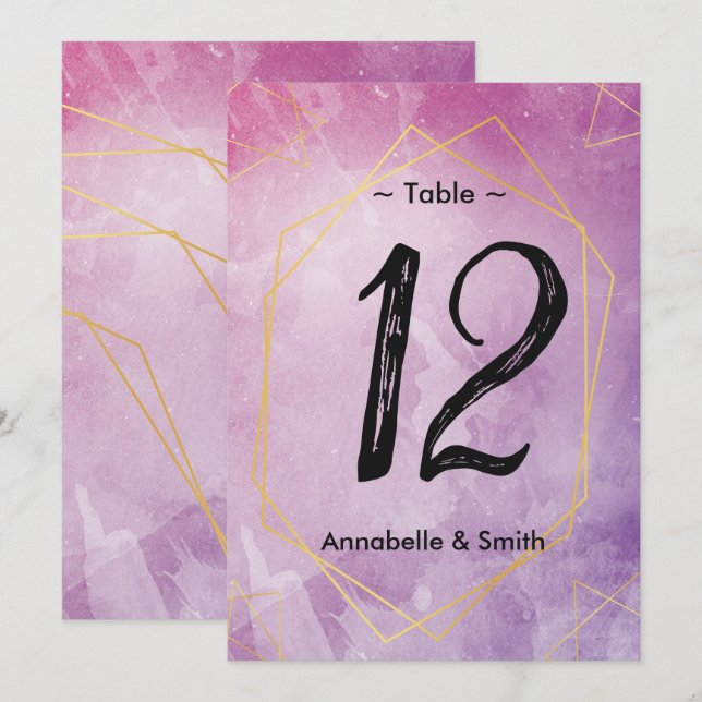 Guld-typografi rosa bordsnummer med vattenfärg (Fram/baksida)