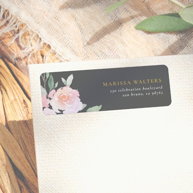Guld Typografi  Rosa Flowers & Grått Returadress Etikett (Skapare uppladdad)
