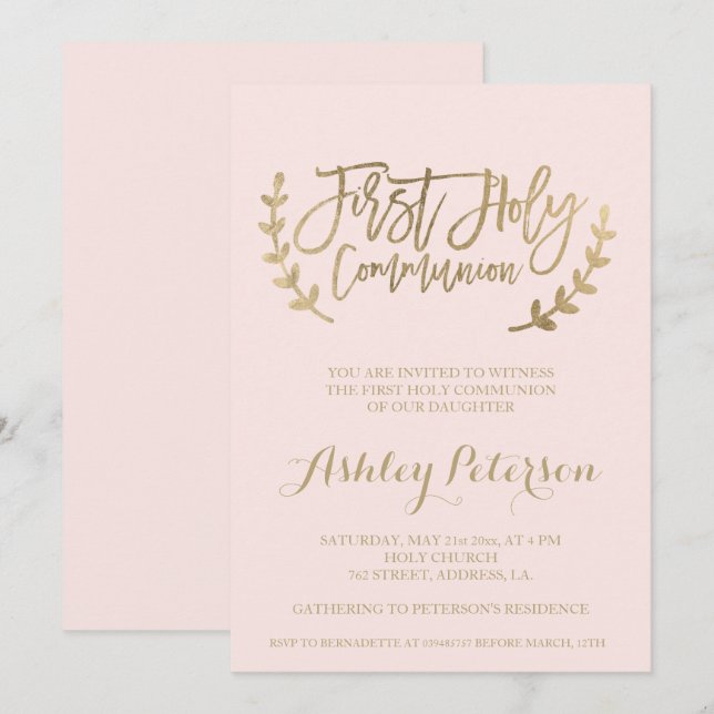 Guld typografi  rosa Första Heligan Kommunision Inbjudningar (Fram/baksida)
