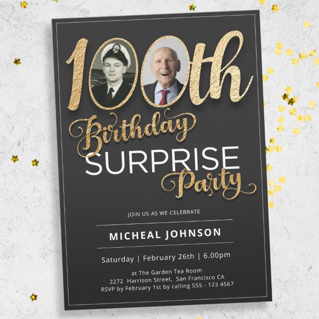 Guld typografifoto Surprise 100 Birthday Inbjudningar (Mockup View)