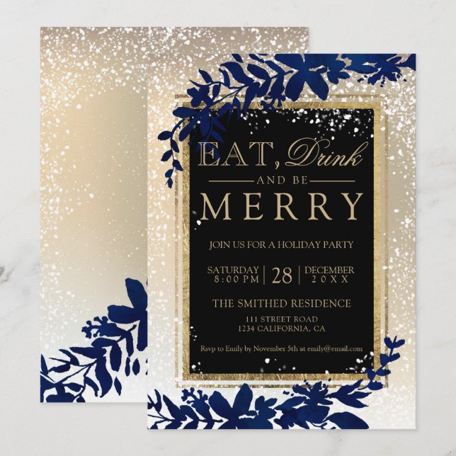 guld-typografin löv snö-flottan äter jul inbjudningar (Fram/baksida)