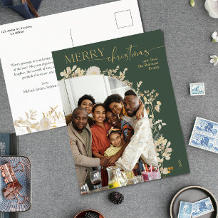 Guld Typography Blommigt Grönt Photo Jul Helg Vykort