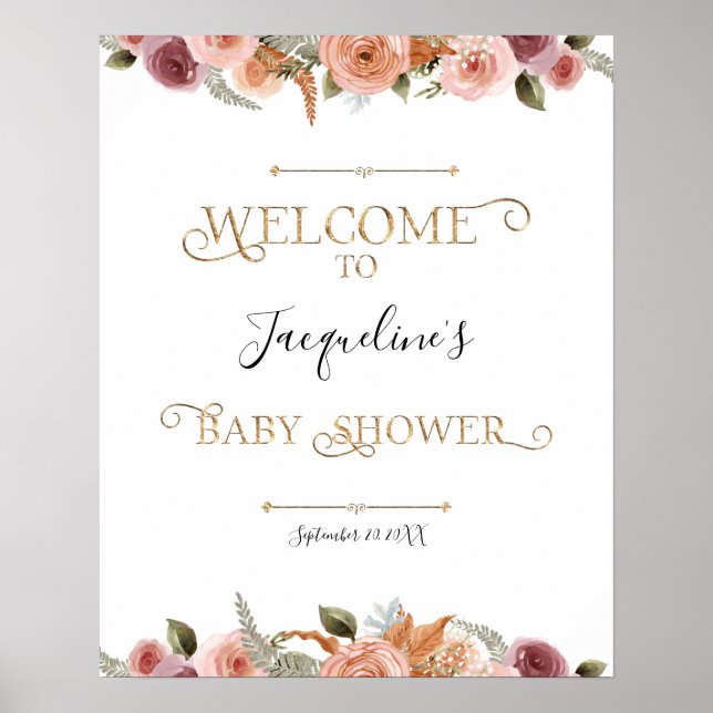 Guld Typography Dusty Rosa Blommigt Girl Baby Show Poster (Framsidan)