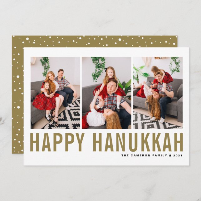 Guld Typography Photo Collage Lycklig Hanukah Julkort (Fram/baksida)