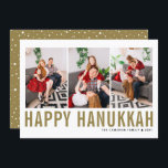 Guld Typography Photo Collage Lycklig Hanukah Julkort<br><div class="desc">Lycklig Hanukkah! Anpassade Lycklig Hanukkah-fotosamlingskort med guld enkel typografi och snö mönster. Anpassa genom att lägga till tre foton,  namn,  år och annan information. Det här moderna platta Hanukkah-kortet finns i andra färg och andra djurbesättningar.</div>