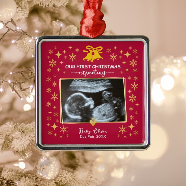 Guld Ultraljudsfoto 1:a Julafton väntar på Keepsak Julgransprydnad Metall (Gold Ultrasound photo 1st xmas expecting metal ornament)