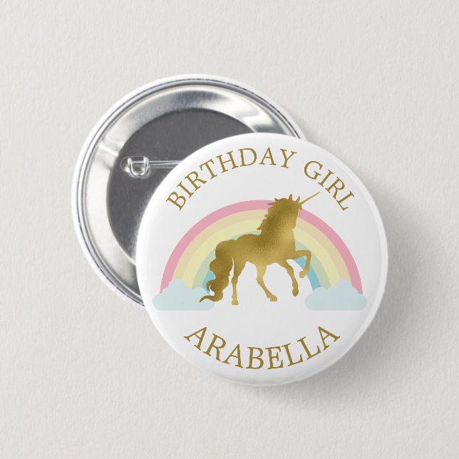 Guld Unicorn Personlig "Birthday Girl" Knapp (Framsida & baksida)
