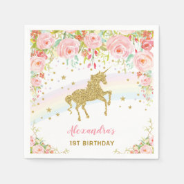 Guld Unicorn Rosa Blommigt Birthday Pappersservett