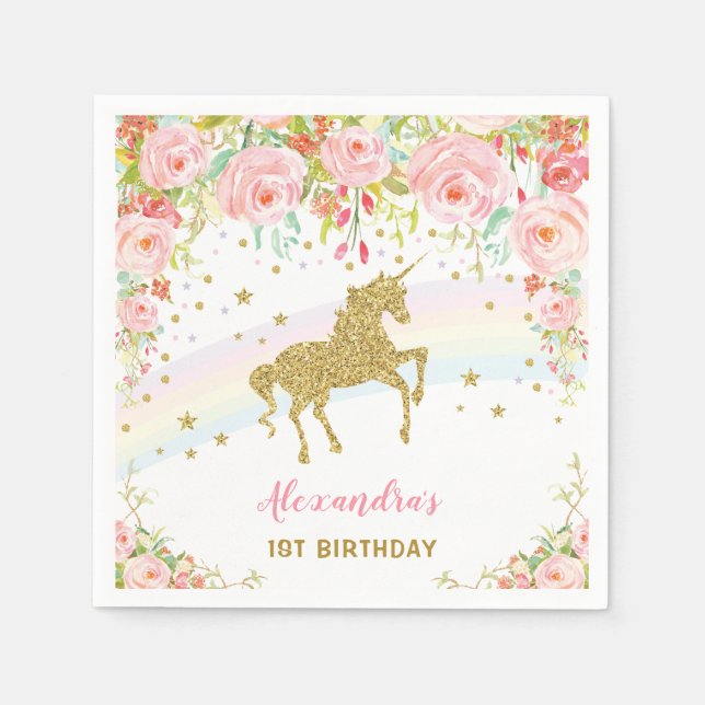 Guld Unicorn Rosa Blommigt Birthday Pappersservett (Framsidan)