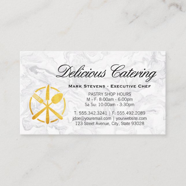 Guld Utensils Logotyp | Marble Background Visitkort (Framsida)